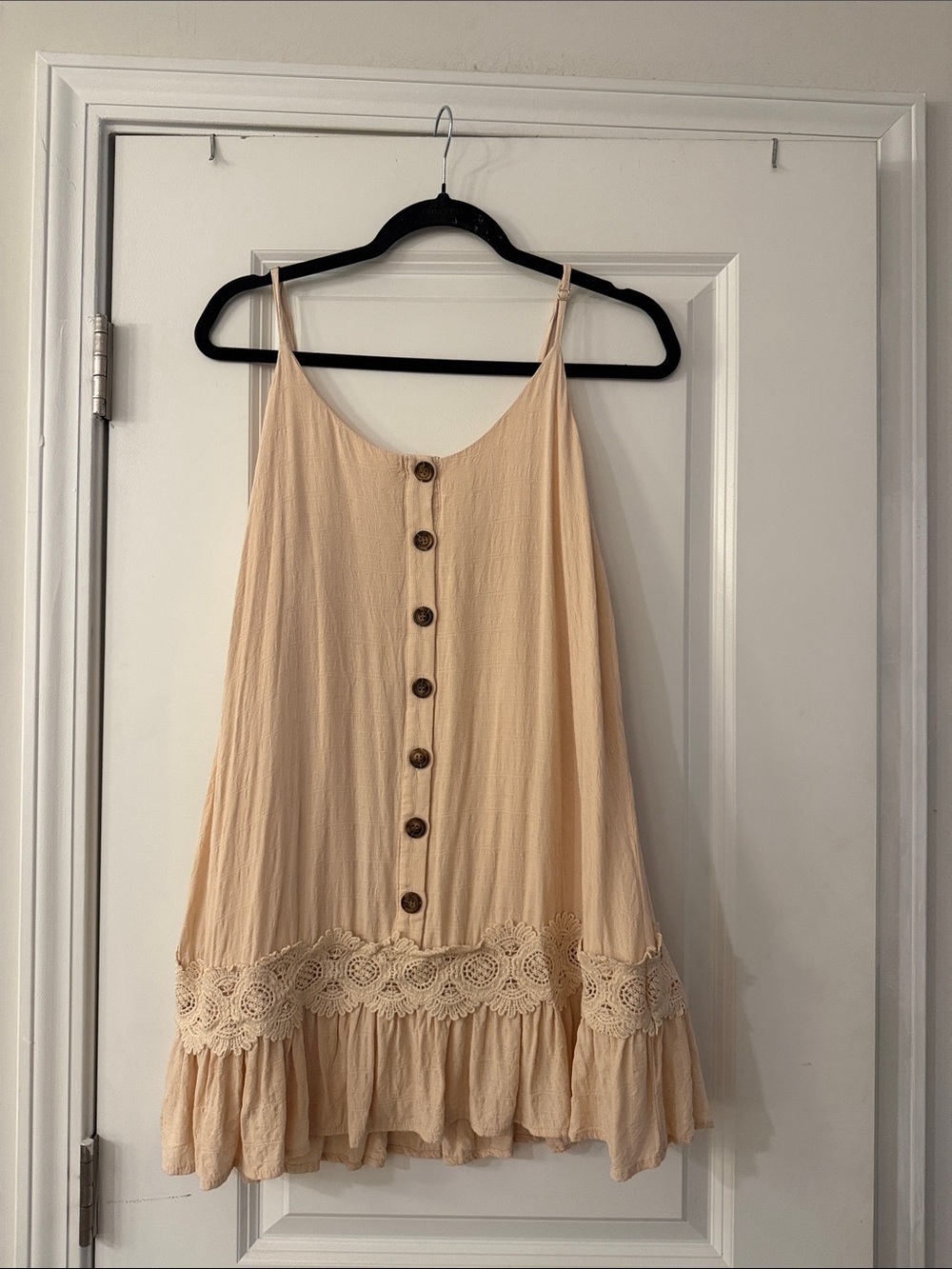 Beige Button-Front Crochet Hem Sundress